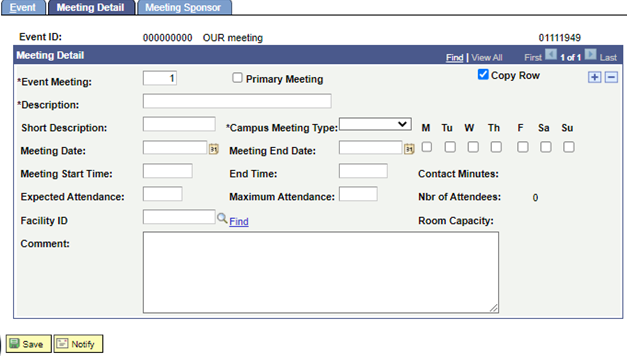 Event creation page, but with Meeting Detail tab selected.  Criteria includes days and times.