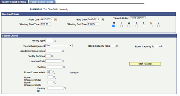 Facility search page displayed.  Criteria for types of rooms and days / times.