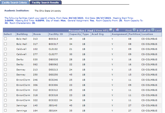 Facility Search Results tab.  Numerous rooms fitting the previous criteria are displayed.