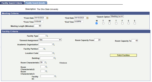 Facility Search Criteria tab again, but Search Option field set to Meeting Length.