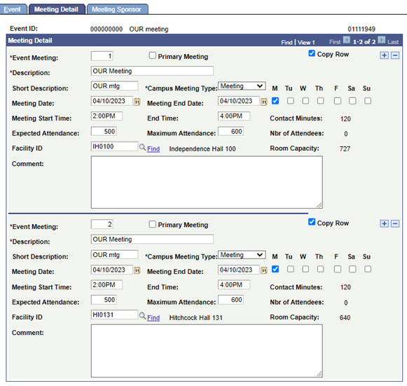 Facility Search Criteria tab again, but Search Option field set to Meeting Length.