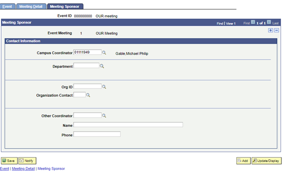 Meeting Sponsor tab selected, with an entry in the Campus Coordinator field.