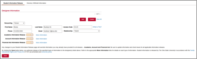 Screenshot of the Student Information Release form for Ohio State University, featuring fields to add a designee's personal information and options for releasing academic, account, and financial aid information.