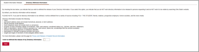 Screenshot of a web form titled "Student Information Release" with options to consent or withhold directory information release. The form includes instructions, a list of directory information types, and a checkbox to withhold information, followed by a red "Save" button.