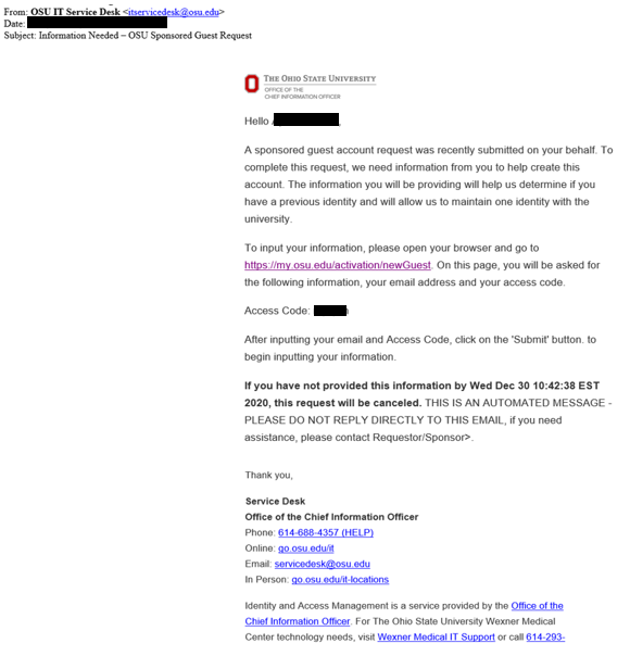 Email that is sent from OSU IT Service Desk requesting additional information for the sponsored guest account creation
