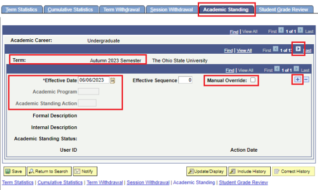 Academic Standing page