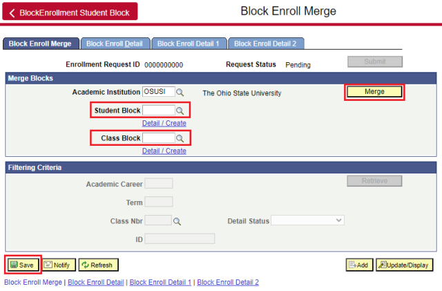 Block Enrollment Merge page