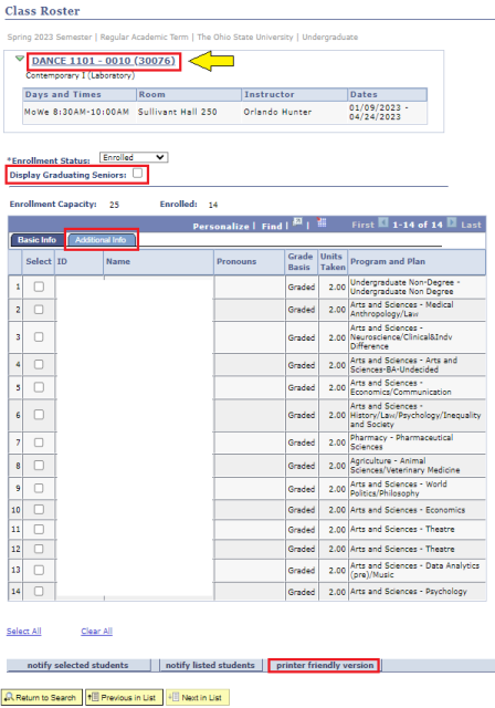 Class Roster page