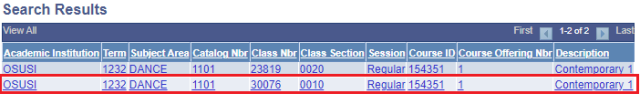 Class Roster Search Results page