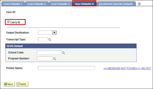 SIS Defaults Student ID page
