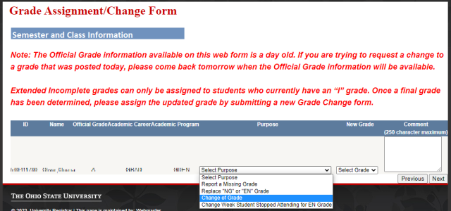 Grade Change Options page
