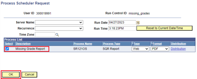 Missing Grade Report Process Scheduler page