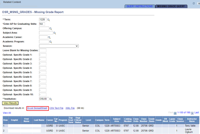 MIssing Grade Report Run Control options page