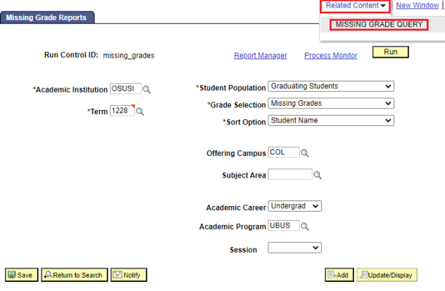 Missing Grade Report Run Control options