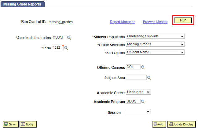 Missing Grade Report Run Control options page 