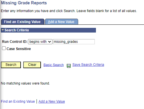 Missing Grade Report Run Control page