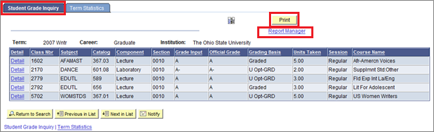 Screenshot of Student Grade Inquiry
