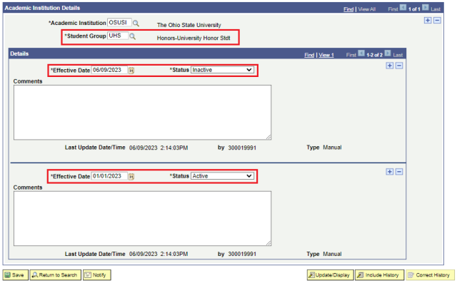 Student Groups page showing a student considered to be in the UHS Student Group as of 1/1/2023 and inactivated on 6/9/2023