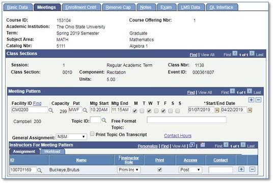 Screenshot of Graduate meeting pattern