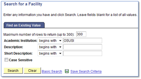 Screenshot of Search for a facility tool