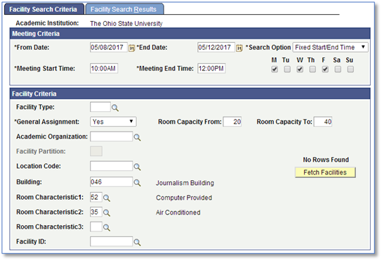 Screenshot of Search for a facility tool search criteria