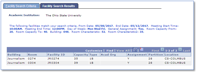 Screenshot of Search for a facility tool search result of classroom options