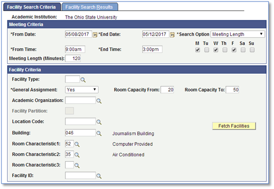 Screenshot of Search for a Facility Tool search criteria with new variables
