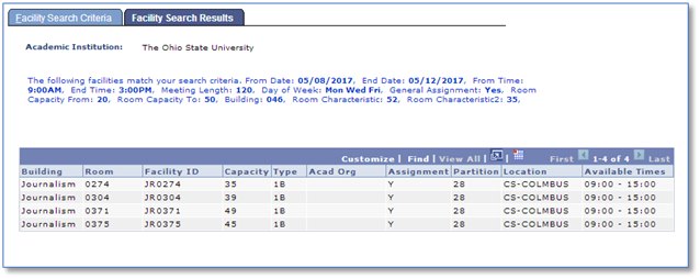 Screenshot of Search for a Facility Tool search results and expanded classroom options