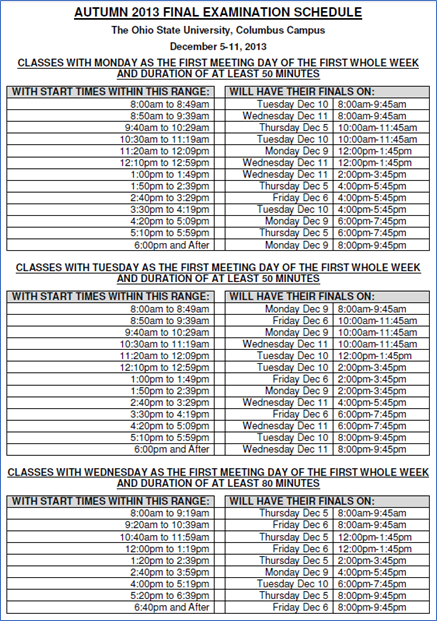 Example of the Autumn exam schedule