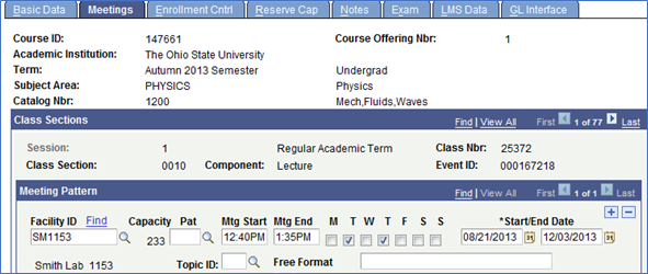 Screenshot of Maintain the Class Schedule under the meetings tab depicting a class meeting. 