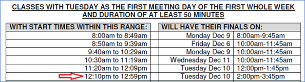 Screenshot of where an exam would be placed if it met at the time in the previous image