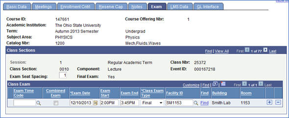 Screenshot of Maintain Class Schedule under the exam tab shwoing a classes  exam schedule
