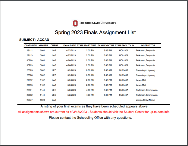 An example of a final exam assignment list that we post on the website including every class final