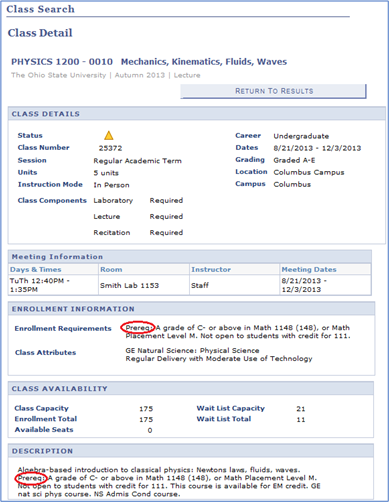 Screen shot of the class search tool resulsts for Physics 1200. 