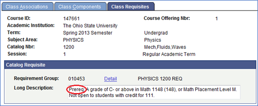 Screen shot of adjust class associations tool under the class requirements tab depicting pre requisites. 