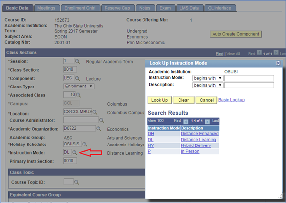 Screen shot of maintain class schedule and updating a course to online using DL