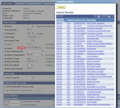 Screen shot of maintain class schedule and how to update the location code.