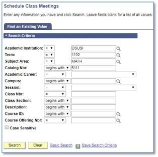 Scren shot of Schedule Class Meeting Search criteria