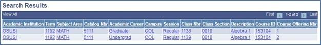 Screen shot of Schedule Class Meetings Search Results