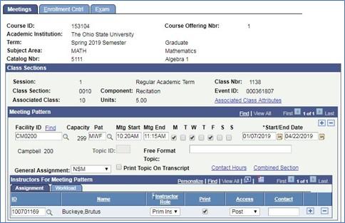 Screenshot of Schedule class meeting, meeting patterns tab