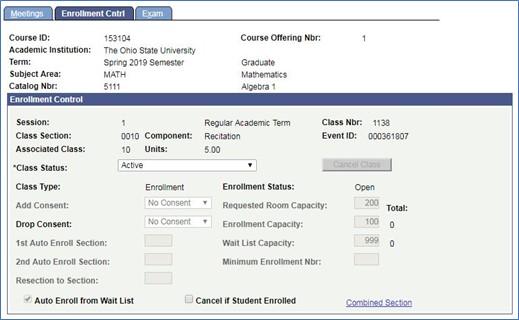 Screenshot of Schedule Class Meetings version of enrollment control options