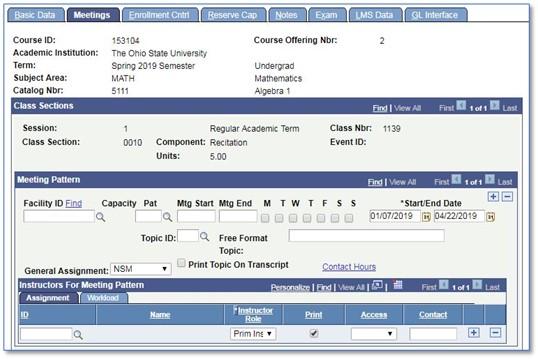Screen shot of Undergraduate meeting pattern