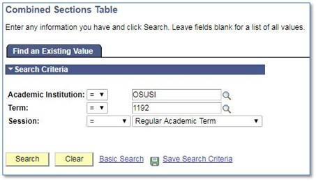 Screenshot of Combined Sections Table Search Criteria