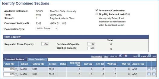 Screenshot of Identify Combine Sections and linked class numbers