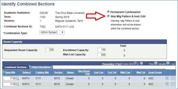 Screenshot of Identify Combined Section table and the skip meeting pattern override