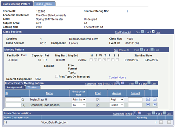 Screenshot of Update Sections of a course meeting pattern information 