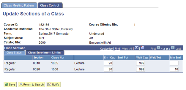 Screenshot of Update Sections Of a course class enrollment limits