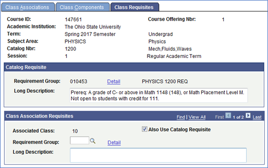 Screenshot of Class Associations Tool class requisites tab
