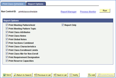 Screenshot Print Class Schedule Report options