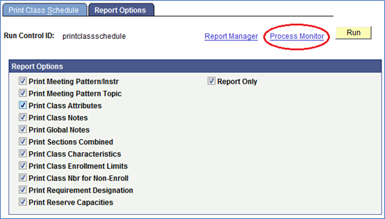 Screenshot Print Class Schedule Report Reccomended options and identifying the  Process Manager Tool